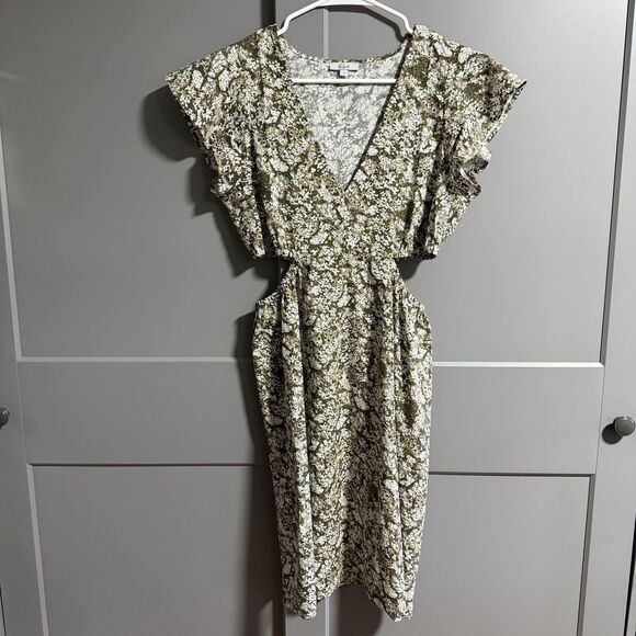 Rails Nyla Dress V-Neck Cut Out Waist Flutter Sleeve Floral Green/White Small - Picture 1 of 9